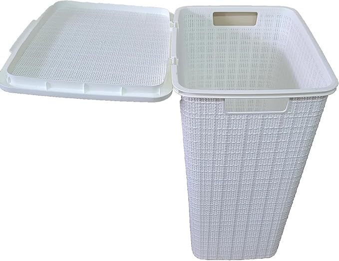 YBM Home Plastic Rattan Laundry Hamper Basket with Hinged Lid, Ventilation Holes, Durable, Lightweight Bin With Cutout Handles, Storage Dirty Clothes, Space Saver, 16.75" x 13.5" x 23.75",White,3-Pack