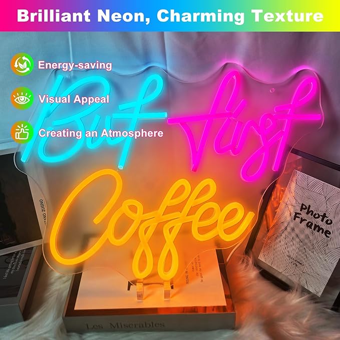 But First Coffee Neon Sign, Light Up USB Powered Dimmable Sign for Cafe Bar, Shop, Station Kitchen Home Bar Wall Decor, 16.14 * 11.81 Inch