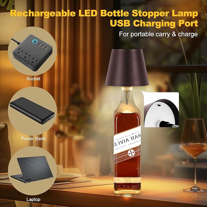 Wireless Bottle Lamp, 2025 New 3 Color Rechargeable Wine Bottle Lights for Bars Restaurants (Brown, 1PC)