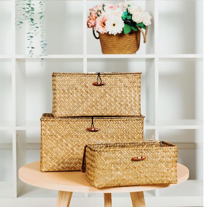 3 Pack Cube Seagrass Storage Bins with Lids, Rattan Woven Decorative Storage Boxes, Wicker Storage Baskets for Shelves, Storage Containers for Organizing, Clothes and Hobby Things