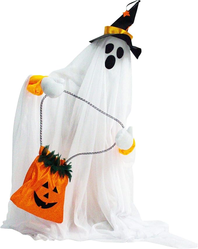 Haunted Hill Farm Friendly Ghost Halloween Animatronic with Touch Activated Lights and Music, Battery Operated Indoor or Covered Outdoor Halloween Decorations, Cute and Modern Halloween Props for Home