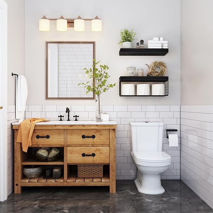 QEEIG Bathroom Shelves Over Toilet - Wall Mounted Floating Shelves Toilet Paper Storage Small Farmhouse Decor Shelf 16 inch Set of 2, Black (019-B2)