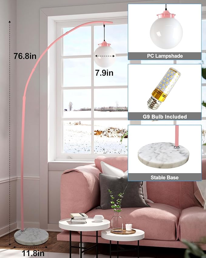 Lightdot Pink Arc Floor Lamp for Living Room, 76Inch Tall Standing Lamp with Marble Base and Globe Bulbs Included, 3000K Warmwhite Modern Mid Century Floor Lamp for Bedroom & Home Office
