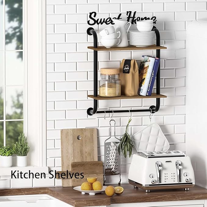 Bathroom Shelves Wall Mounted, Rustic Farmhouse Pipe Shelves, 2-Tier, Industrial Shelving, Floating Shelf Decor for Bathroom, Kitchen, Bedroom, Living Room 17.3 inch