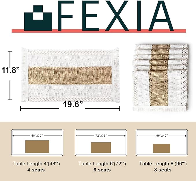 FEXIA Boho Placemats Set of 6, Macrame Table Decor Farmhouse Style Placemats in Natural Cotton Burlap, for Kitchen and Dining Table Centerpiece Home Decorations(Beige & Brown)