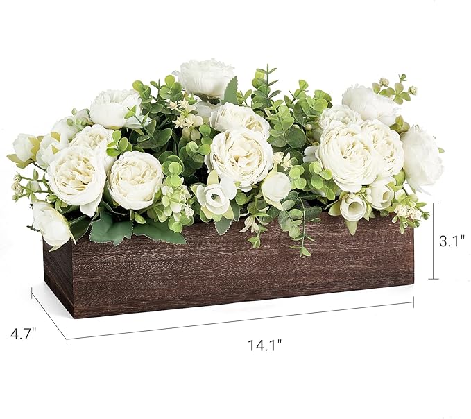 Dahey Centerpiece Table Decorations for Dining Room Farmhouse Living Room Table Centerpieces Decor Wood Tray with 3 Artificial Flowers and 2 Eucalyptus for Kitchen Table, 14.1" x 4.7" x 3.1", White