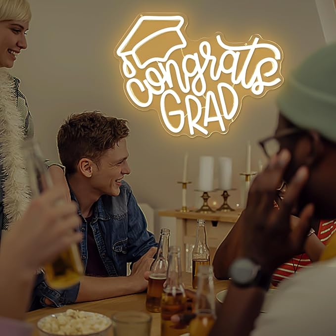 Congrats Grad Neon Sign Graduation Cap Neon Led Sign Dimmable Congrats Neon Sign for Wall Decor Graduation Party Neon Light Sign for Class Room Party Room Dorm Backdrop Celebration Gifts