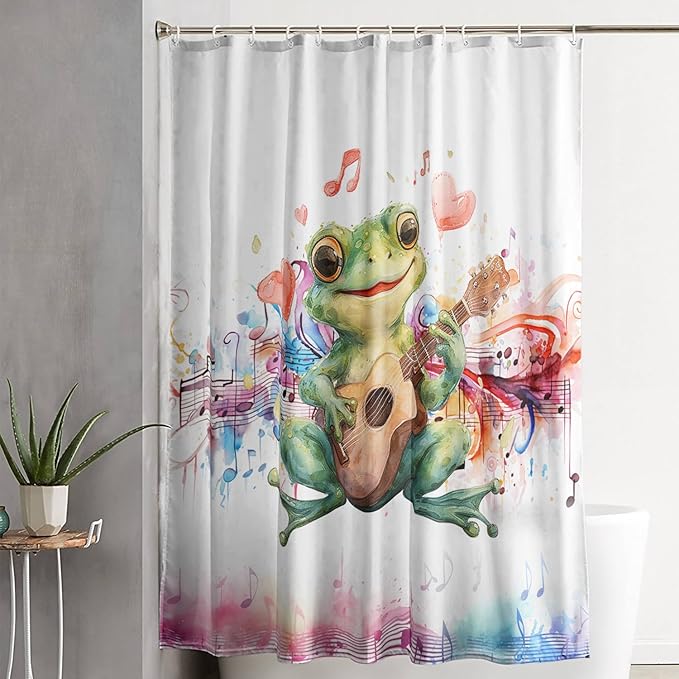 AILONEN Cartoon Frog Shower Curtain,Green Guitar Frog Bathroom Curtain for Kids Boys Girls,Kawaii Forg Animal Shower Curtains for Bathroom,Tie-Dye Theme Bathroom Curtain,48" W*72" H