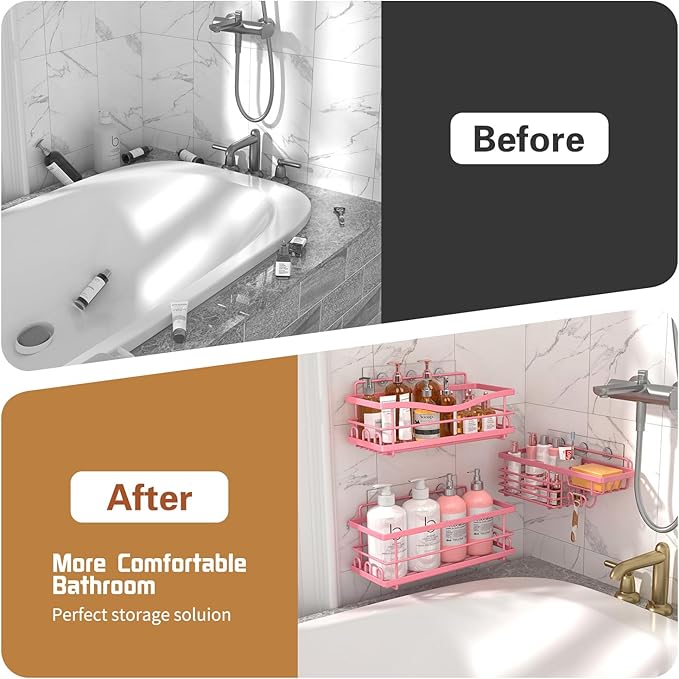 Adhesive Shower Caddy-Rustproof, No Drilling Pink Shower Shelves for Bathroom - Large Capacity with Soap Holder, Pink Bathroom Decor