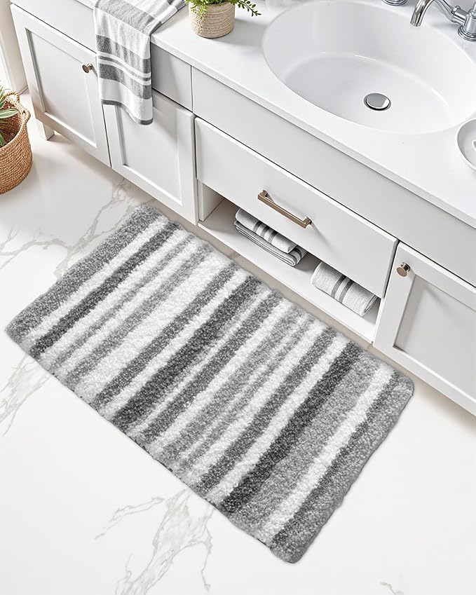 LUMI Striped Bath Rugs, Extra Soft and Absorbent Microfiber Bath Mat, Machine Wash Non-Slip for Bathtub or Bathroom Floor, 24"x43", Grey