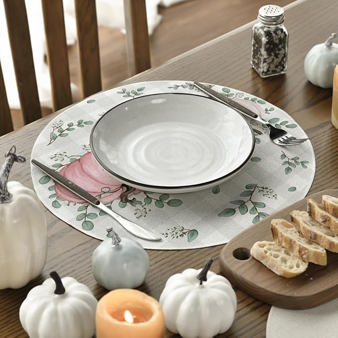 Artoid Mode Pink Pumpkins Fall Round Placemats Set of 4,14 Inch Eucalyptus Thanksgiving Seasonal Round Place Mats for Party Dining Decoration