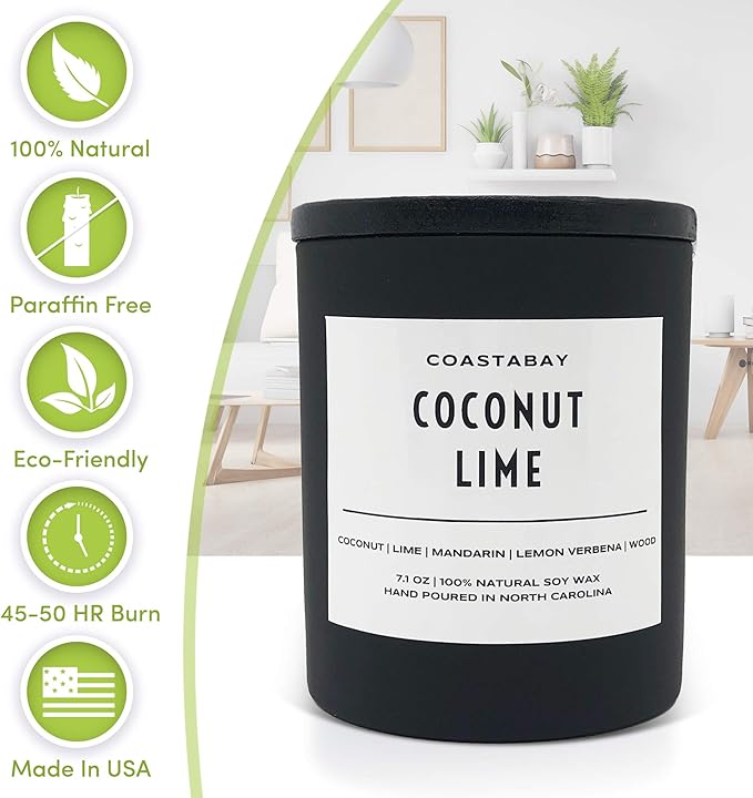 Coconut Lime Candle | Natural Soy, Spring and Summer Candles, Tropical Candle, Coconut Candles for Home, Lemon Verbena Scented, Citrus Candle, Organic, 7.1oz