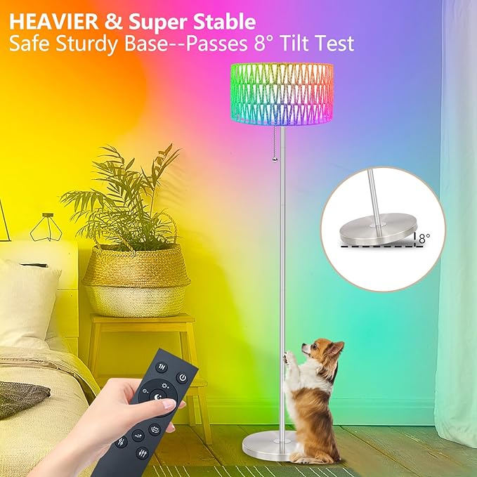 Floor Lamp for Living Room with App Remote Control and Dimmable Bulb(16 Million Colors Temperatures),Rattan & Fabric Double Shades Farmhouse Lamps,Boho Standing Tall Bedroom,Office