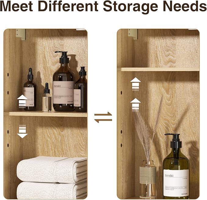 Rattan Bathroom Wall Cabinet with Door, Boho Medicine Wall Cabinets with Adjustable Shelves, Tall Kitchen Wall Mounted Storage Cabinet, Floating Hanging Cabinet Space Saver for Laundry Room, Natural