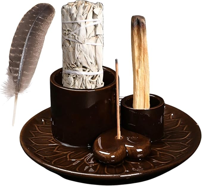 4 in 1 Incense Burner Holder,Incense Sage and Palo Santo Holder,Incense Stick Holder,Ceramic Incense Holder Ash Catcher,for Meditation Room (Black)