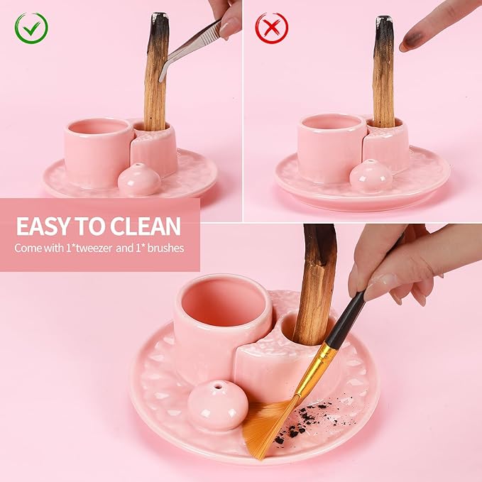Palo Santo Sticks Holder, Multi-Purpose Handmade Ceramic Incense Burner for Palo Santo Incense Sticks, Sage Holder for Burning, Ash Catcher Tray for Meditation Yoga Room (Light Pink)