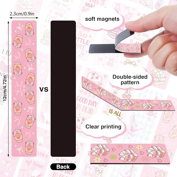 Coquete Magnetic Bookmark Gifts - 30PCS Bows Magnetic Bookmarks Pink Bow Book Marks Cute Flower Cake Cherries Page Magnets Marker Clip for Book Lovers Girls Students Teacher Reading Bookis Gift