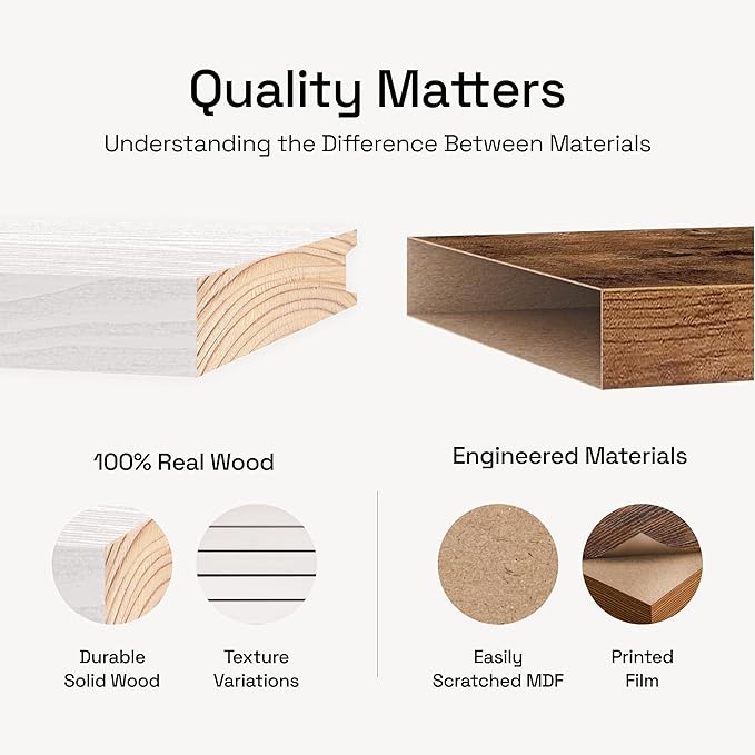 BAOBAB WORKSHOP Wood Floating Shelves for Bathroom Wall - White Shelves for Bedroom Kitchen Living Room - Solid Wood Shelves - White - 24 x 6.7 Inch, Set of 2