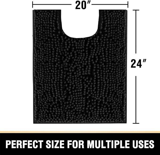 H.VERSAILTEX Toilet Mat U Shaped Bathroom Rugs Bath Mats for Bathroom Non Slip Luxury Chenille Bath Mat U Shape 20x24 Extra Soft and Absorbent Shaggy Rugs Washable Dry Fast - Black