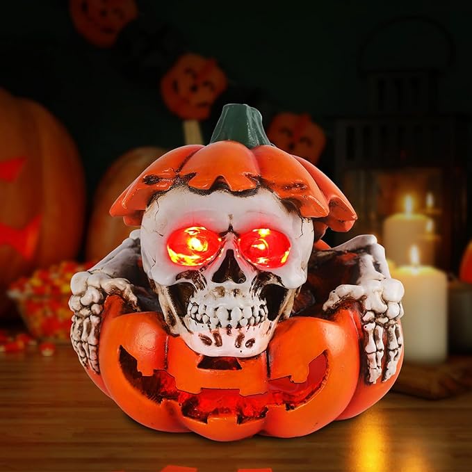 Halloween Skull Pumpkin Decor - Solar Powered Resin Skull & Pumpkin, Unique Garden Decor for Outside Yard Porch Lawn, Halloween Decorations Outdoor/Indoor