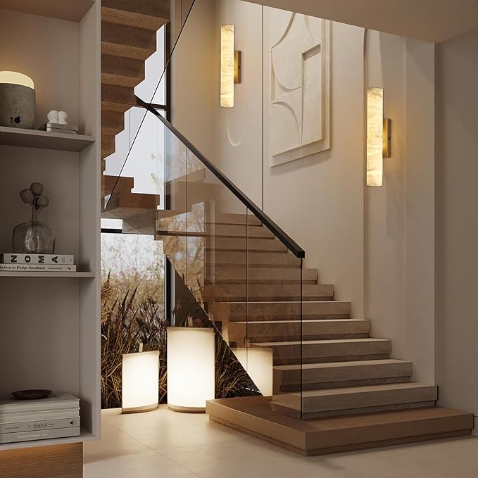Brass Alabaster Wall Sconces, 20" Natural Marble Wall Sconce, Hardwired Gold Wall Sconces Indoor, Stone Wall Sconce Dimmable, Alabaster Wall Lamp for Living Room, Bathroom, Bedroom, Hallway-Upgraded