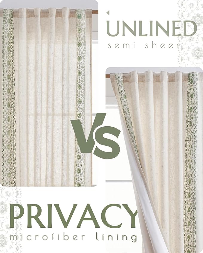jinchan Boho Lined Linen Curtains for Bedroom Sage Green Vintage Floral Farmhouse Curtains 63 Inch Length Linen Blend Drapes for Living Room Embroidered Drapes Sage on Beige 2 Panels