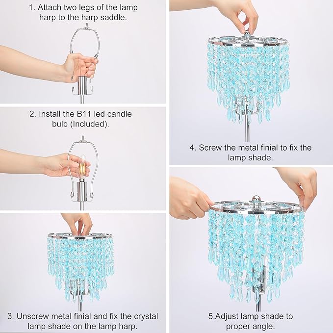 Touch Control Crystal Table Lamp, Dual USB Bedside Lamps for Bedroom, 3-Way Dimmable Nightstand Lamp with Elegant Teal Shade for Living Room, Girls Room, Office, B11 6W LED Bulb Included