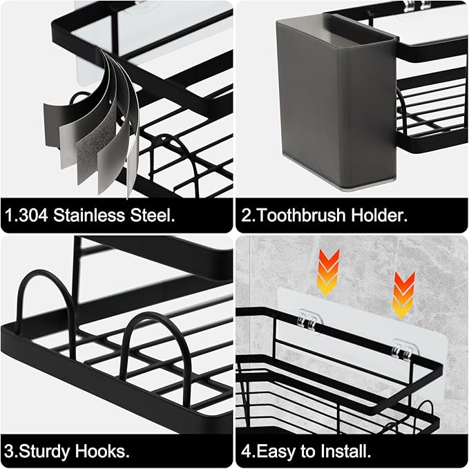 Adhesive Corner Shower Caddy, 2 Packs Shower Organizer Shelves No Drilling Stainless Steel Shower Storage Rack with Hooks & 2pcs Toothpaste Holders for Bathroom Rustproof, Space Saving (Black 4pcs)