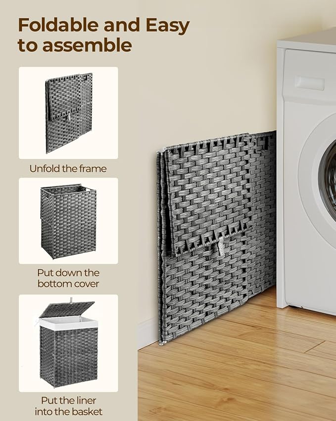 Greenstell Laundry Hamper with Lid, 125L Laundry Basket with 2 Removable Liner Bags & 2 Mesh Bags, Handwoven Synthetic Rattan Clothes Hamper for Clothes, Toys in Bathroom, Bedroom, Foldable, Grey