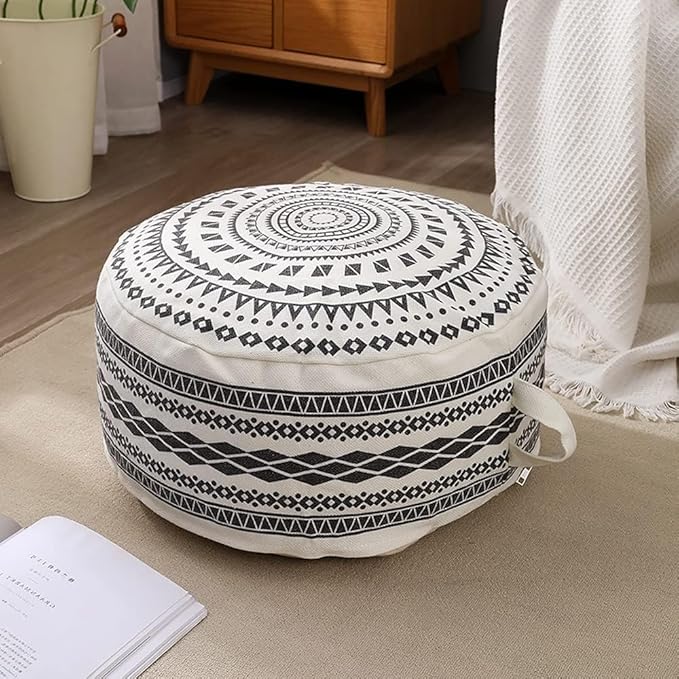 MOCOFO Unstuffed Round Pouf Covers Boho Colorful Geometric Ottoman Pouf Cover with Handle Design,Decoration Footstool for Living Room,Bedroom,Patio (Black,18x18x8)