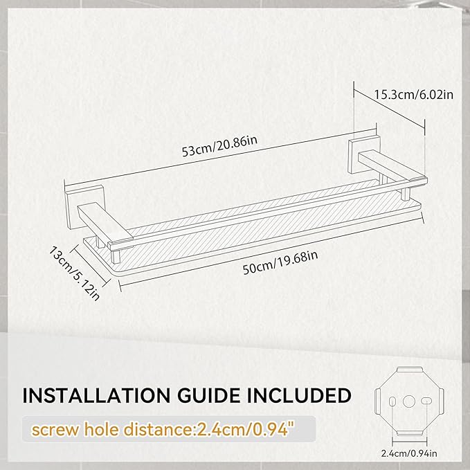 Black Bathroom Shelves Glass Shelf 20-Inch Floating Tempered Glass Shelf Rectangular Modern Stainless Steel Wall Mounted Shelves for Shower Bathroom Kitchen Organizers Accessories ,A7613AB