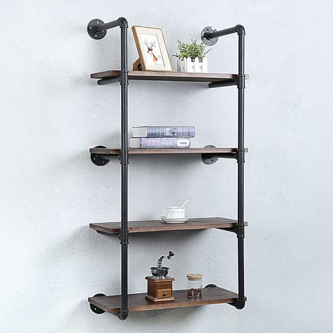 Industrial Pipe Shelving Wall Mounted,24in Rustic Metal Floating Shelves,Steampunk Real Wood Book Shelves,Wall Shelf Unit Bookshelf Hanging Wall Shelves,Farmhouse Kitchen Bar Shelving(4 Tier)