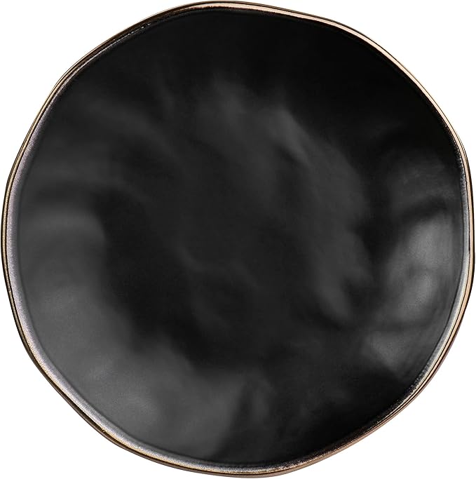 Elama Modern 16 Piece Stoneware Dinnerware Set in Matte Black with Gold Rim (ELM-MATTE)