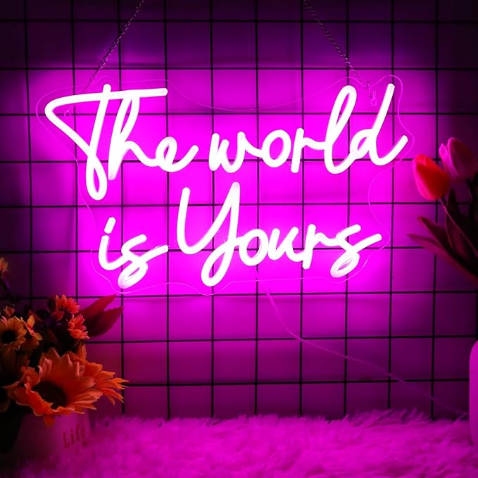 Neonwall The World Is Yours Neon Signs, Pink Led Neon Light for Wall Decor,Light Up Sign for happy birthday, Wedding, Engagement,USB Powered Led Neon Signs for Bedroom Decor 22 x 13'' (Pink)