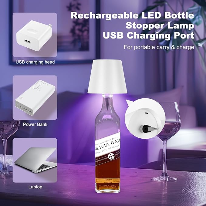 Wine Bottle Lamp, 2025 New 3 Color Rechargeable Wireless Bottle Lamp for Liquor Bottles with Touch Dimming for Parties, Restaurants & Home Decor (RGB White)