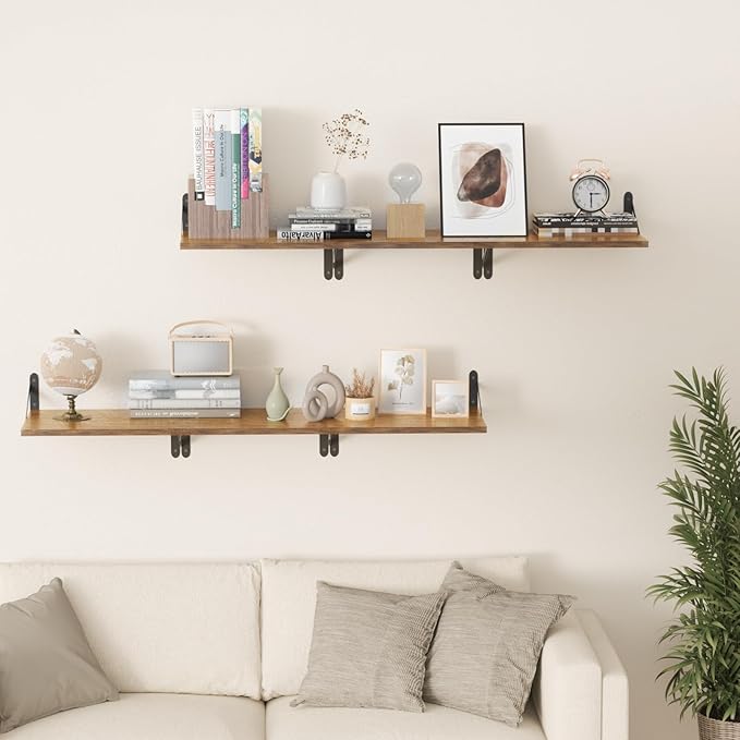 Deep Floating Shelves for Wall, 16W x 12D Wood Wall Shelves Set of 2, Rustic Wood Floating Shelves, Wall Mounted Hanging Shelf for Living Room, Kitchen, Office, Bathroom and Bedroom Decor