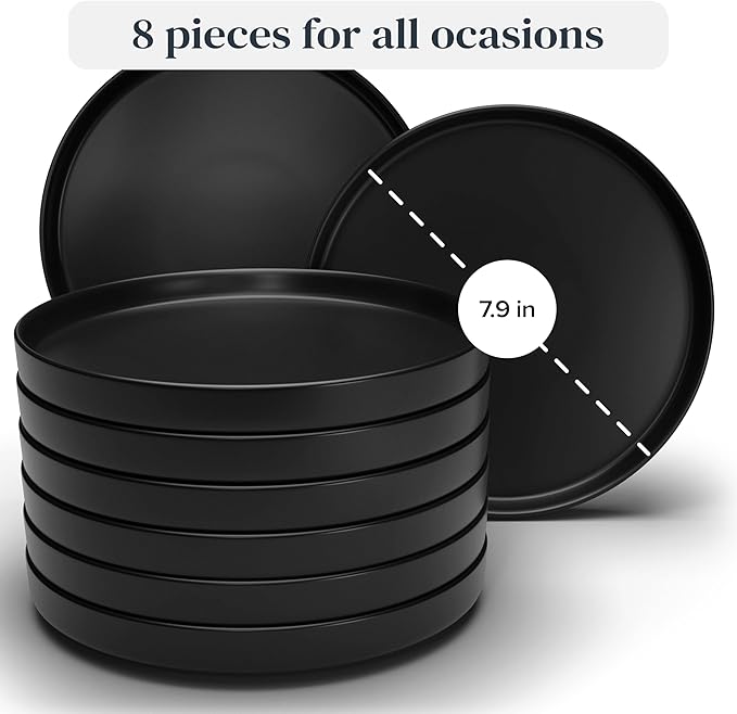 Breakfast Plates Set of 8 Manhattan in Black - Premium Stoneware for Dishwasher, Microwave - Stylish Black Plate Set Matt - Pure Living Crockery