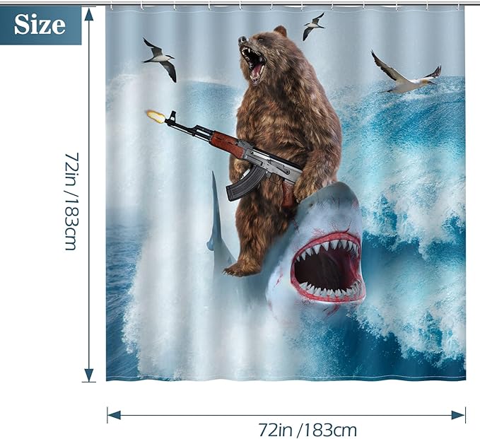 Funny Shark Bear Shower Curtain - Fun Bear Riding Shark in Ocean Wave Cool Shower Curtains Set with 12 Hooks for Adults Wild Bathroom Decor Accessories, 72"x72", Blue Brown