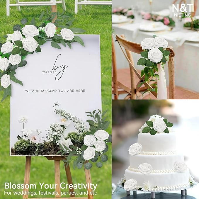 N&T NIETING Artificial Flowers, 25pcs Fake Flowers White Rose Perfect for DIY Wedding Bridesmaid Bridal Bouquets Centerpieces Home Flower Arrangement Decoration