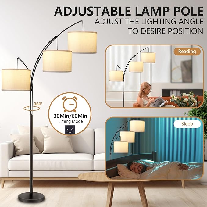 Arc Floor Lamp for Living Room with Remote Control, Dimmable Modern Mid Century 3 Lights Arched Tall Floor Lamp, Adjustable Standing Corner Lamp for Living Room Bedroom Office (Black+White Shade)