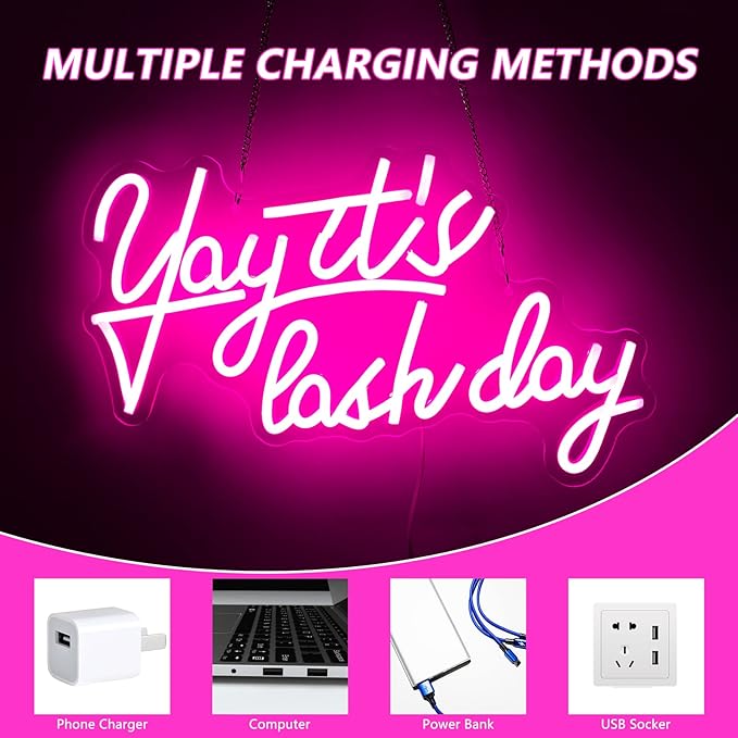 Yay It's Lash Day Neon Sign for Wall Decor Beauty Room Led Lights, Pink Salon Lash Tech Decor Neon Signs Aesthetic Operated Light for Door Decorations, Girls Bedroom Accessories Neon Sign