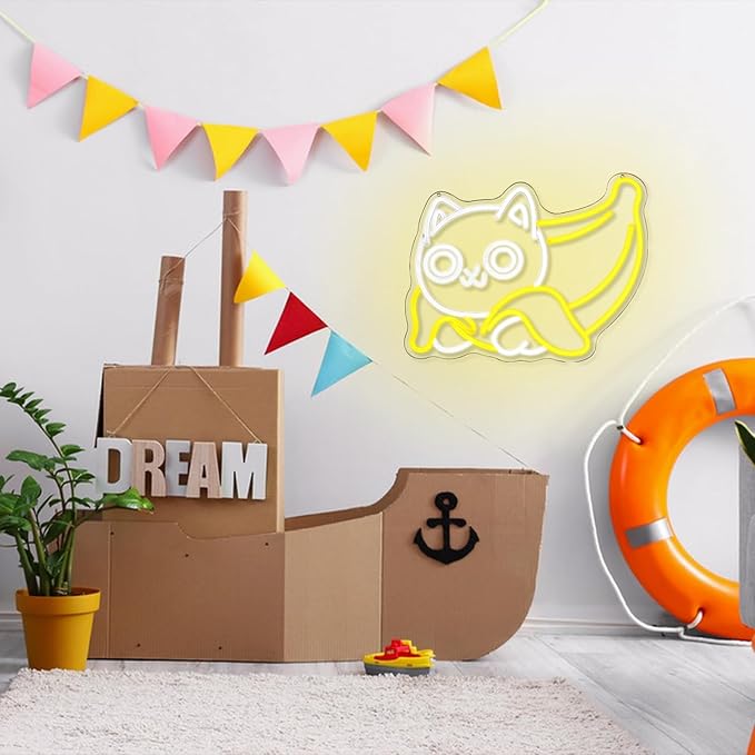 Cat Neon Sign for Wall Decor Banana Neon Light USB Powered LED Neon Sign Yellow LED Neon Light for Bedroom Zoo Pet Shop Cat House Decoration(16.9"*12.6")