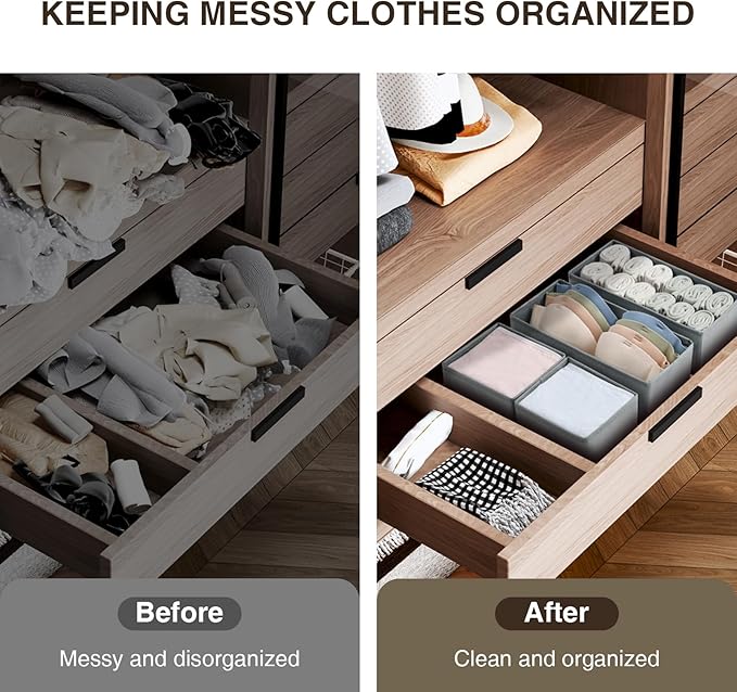 DIMJ Drawer Organizers Clothes, Set of 4 Dresser Organizer Bins, Fabric Closet Organizers and Storage, Shallow Drawer Dividers for Nursery, Clothing, Baby Clothes, Socks, Underwears, Tie (Grey)