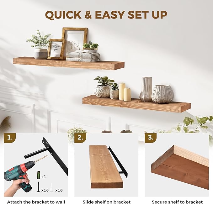 36x8x1.6 inch Floating Shelves Set of 2 – Solid Wood Rustic Oak Wall Mounted Shelf for Kitchen, Bathroom, Living Room