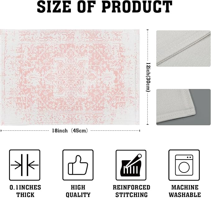 Gray Pink Boho Placemats Set of 6 Ethnic Bohemian Carpet Place Mats Washable Kitchen Dining Vintage Grey Geography Floral Linen Table Mats Stain Heat-Resistant for Home Party Indoor 12x18 in