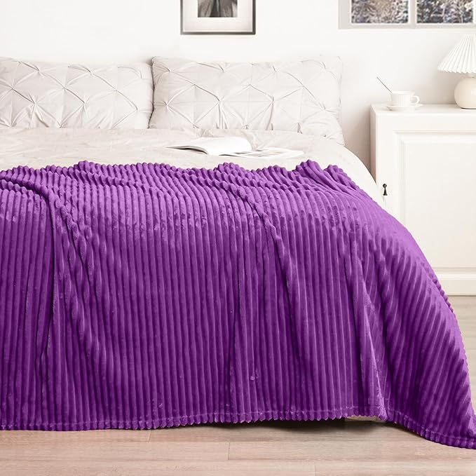 Vessia Flannel Fleece Throw Blanket for Couch,Sofa,Bed, 300GSM Striped Purple Blanket for Adults and Kids, Super Soft Warm Cozy Lightweight Ribbed Throw for All-Season