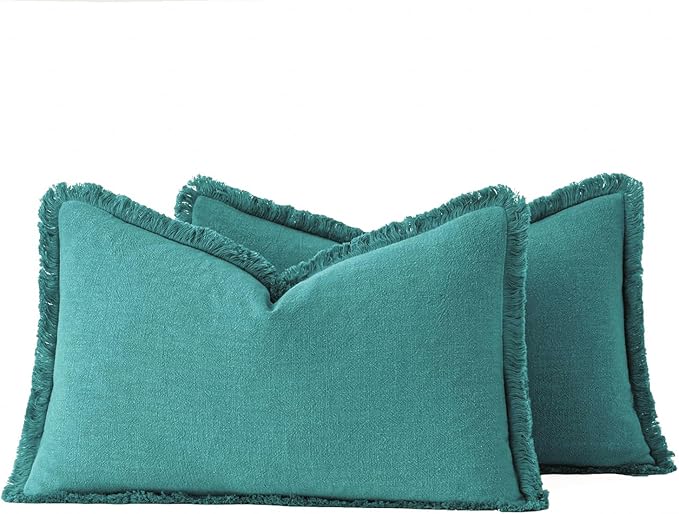 MIULEE Decorative Lumbar Throw Pillow Covers Neutral Linen Fringe Throw Pillows Set of 2 Teal Boho Farmhouse Cushion Covers with Tassels for Couch Sofa Bed Living Room Spring Home Decor 12x20 Inch