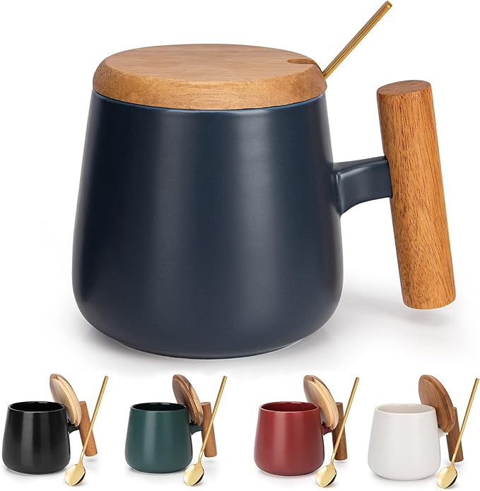 Coffee Mug, 14 Oz Ceramic Tea Mug with Lid and Coffee Spoon for Latte, Cappuccino, Cocoa, Mocha, Birthday Gifts, House Warming Gifts New Home, 1 Pack (Blue)