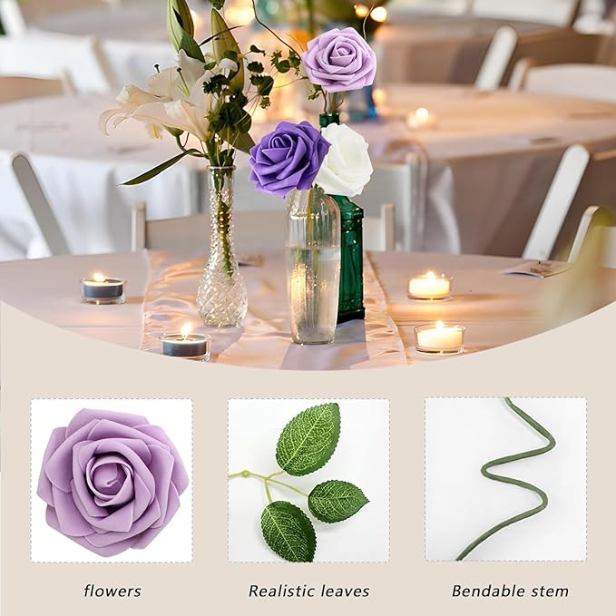 Artificial Flowers 50PCS Purple Roses Real Looking Foam Fake Roses with Leaves and for DIY Wedding Bouquets Bridal Shower Centerpieces Party Decorations (Purple Series, 50)