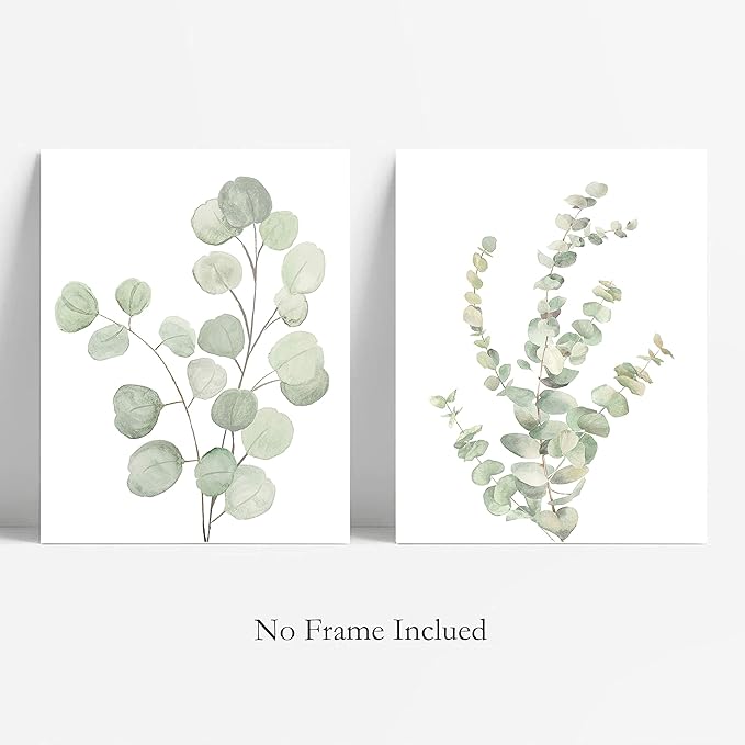Botanical Boho Bathroom Decor Wall Art Prints, UNFRAMED Sage Green Plants Decor for Bedroom|Office, Minimalist Eucalyptus Leaves Watercolor Art Prints, Set of 4 Pictures, 8"x10" No Frames